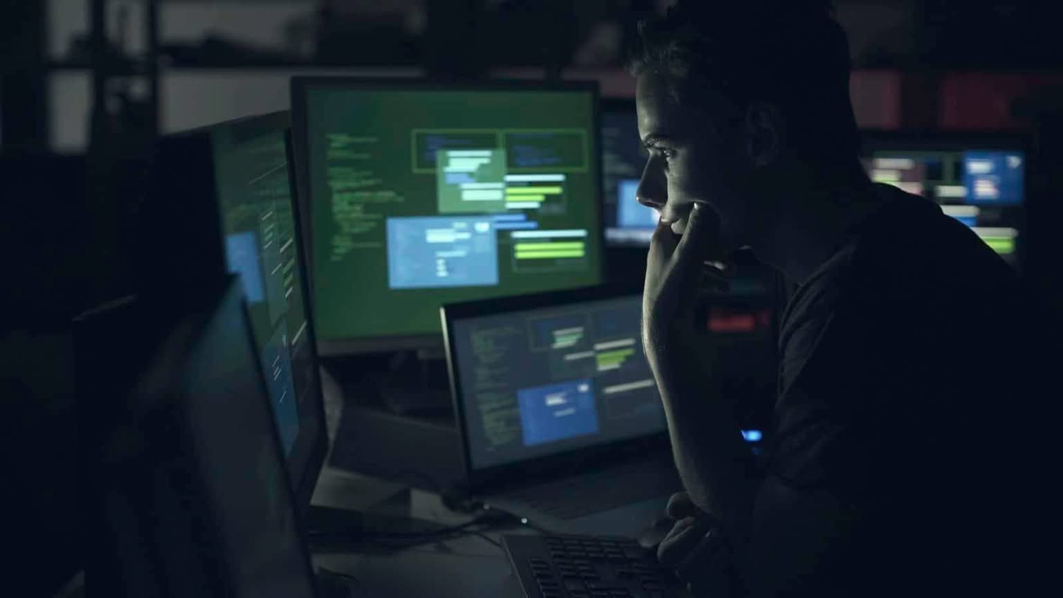 Computer developer working with computers at night